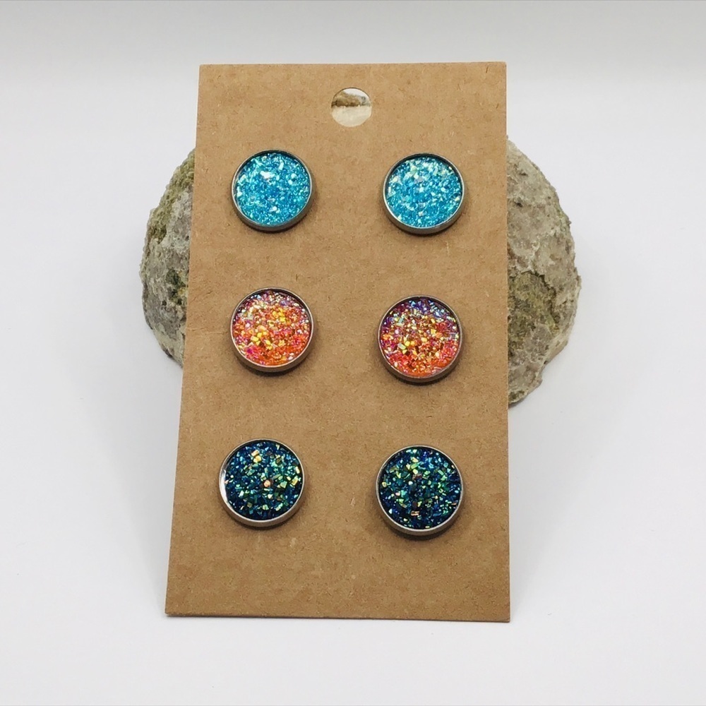 EARRINGS 3 Pairs Faux Druzy Crystal Resin Stainless Steel Pink Blue Jewelry